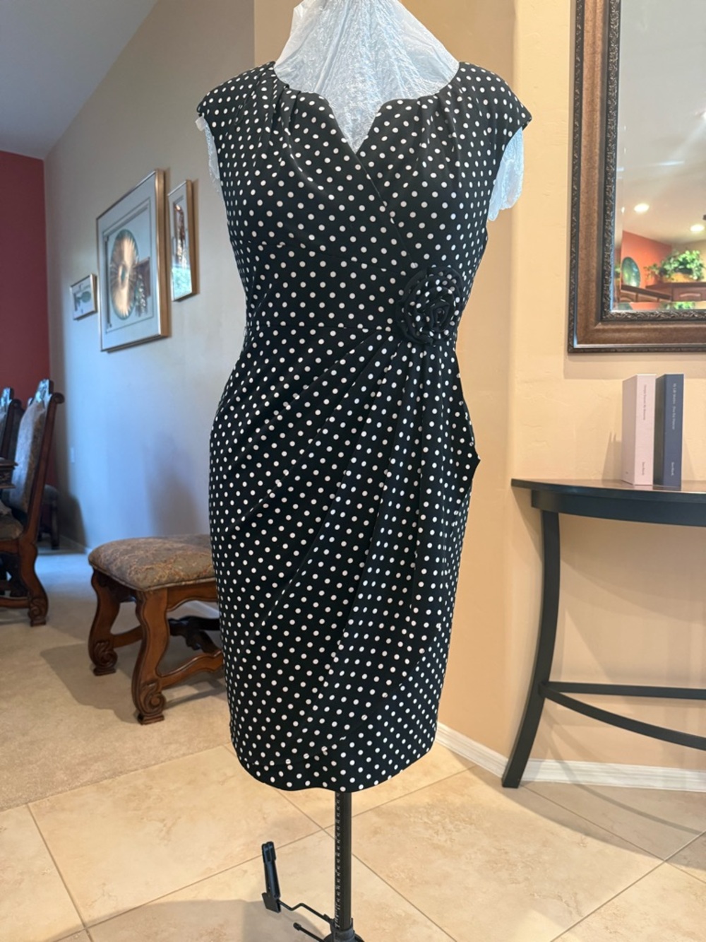 Adrianna Papell Black & White Polka Dot Midi Sheath Dress Size 12